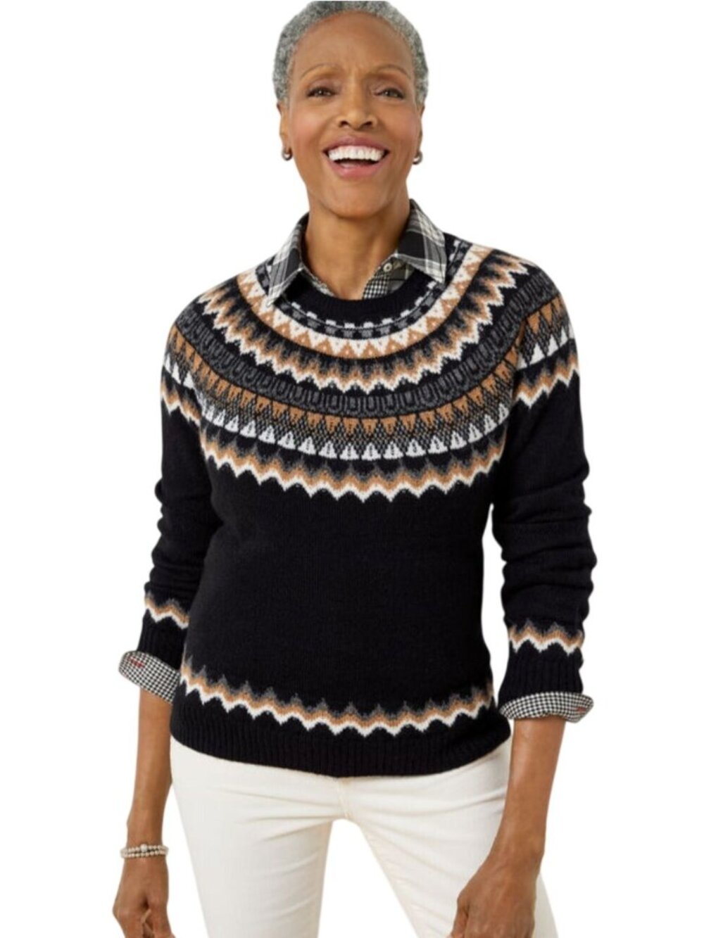 Talbots Neutral Black Tan Fairisle Nordic Crewneck Sweater Size L